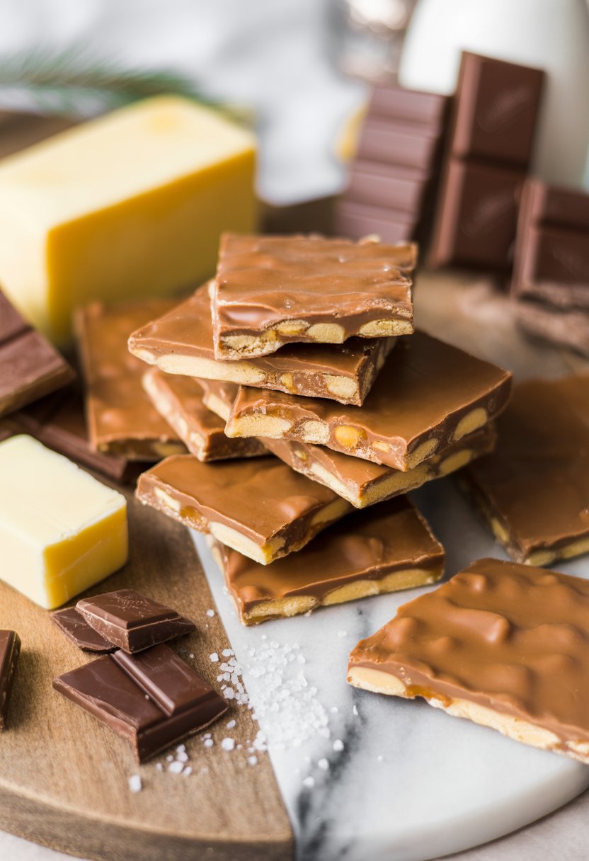 Close-up of golden brown Christmas cracker toffee pieces on a rustic wood surface with chocolate chunks and sea salt around them.