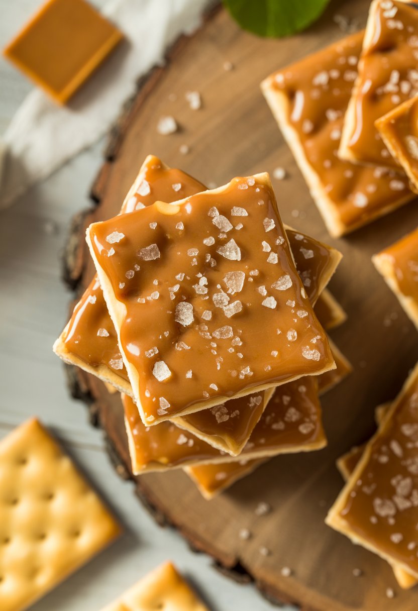 Close-up of golden Saltine Cracker Toffee sprinkled with sea salt on a rustic surface, with some crackers and caramel pieces around.