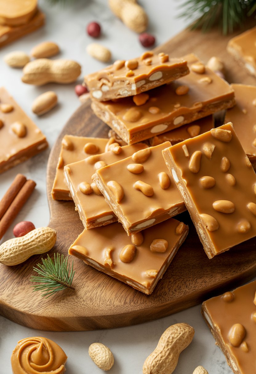 Close-up of peanut butter Christmas cracker toffee pieces arranged on a rustic surface with peanuts and holiday decorations around them.