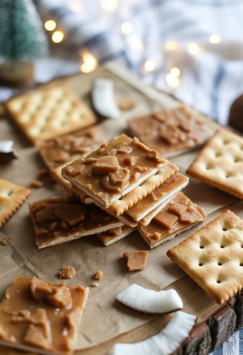 Close-up view of vegan saltine cracker toffee pieces arranged on a rustic wooden surface with coconut flakes scattered around.