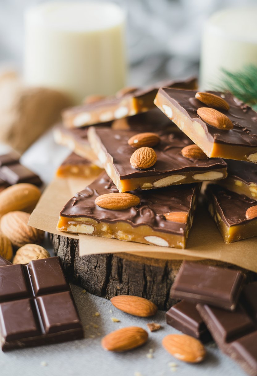 Close-up of Christmas Crack toffee topped with dark chocolate and almonds on a rustic wooden surface.