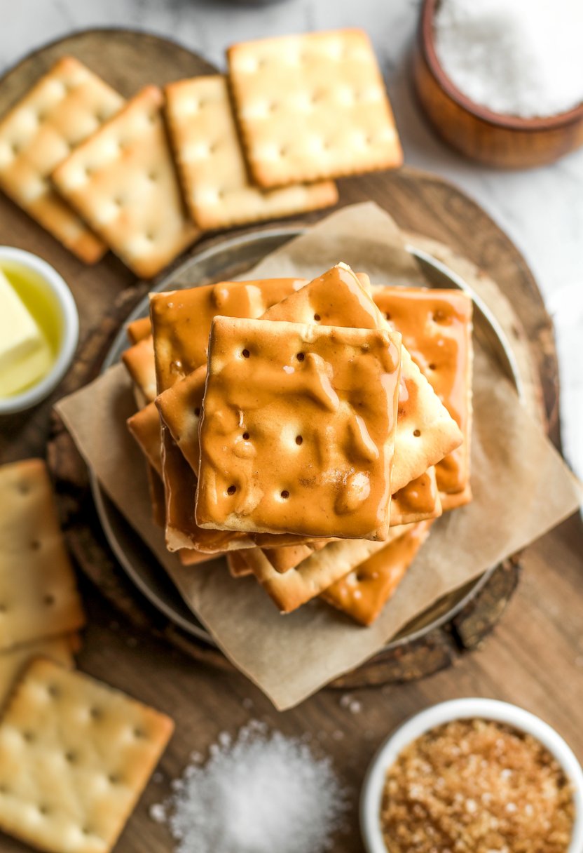 Close-up of golden Christmas cracker toffee with saltine crackers on a rustic surface, surrounded by ingredients like butter, brown sugar, and sea salt.