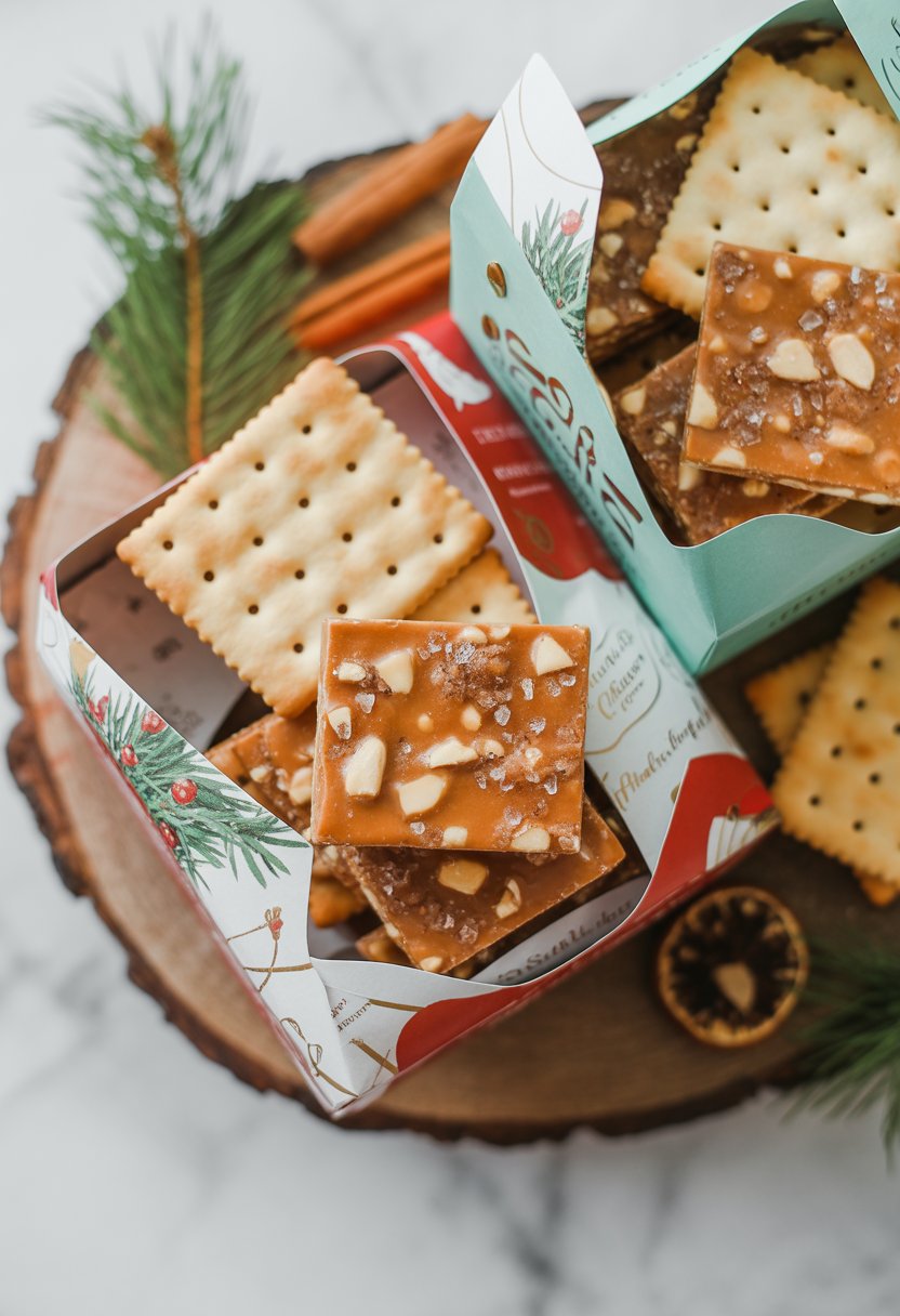 Saltine cracker toffee gift packaging arranged on a rustic surface with pieces of toffee and crackers surrounded by festive natural elements.