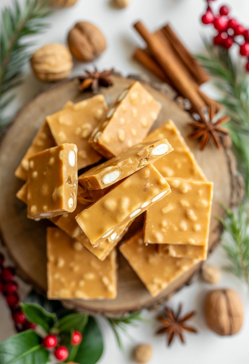 Close-up of golden Christmas cracker toffee pieces on a rustic surface surrounded by nuts, cinnamon sticks, and festive greenery.