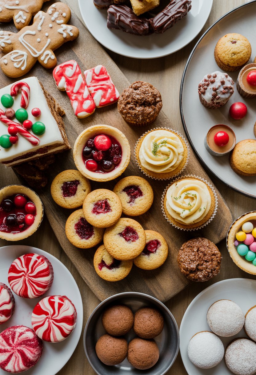 A collection of ten different Christmas desserts arranged on a rustic surface, including cookies, cakes, tarts, and candies, with bright natural light and a blurred background.
