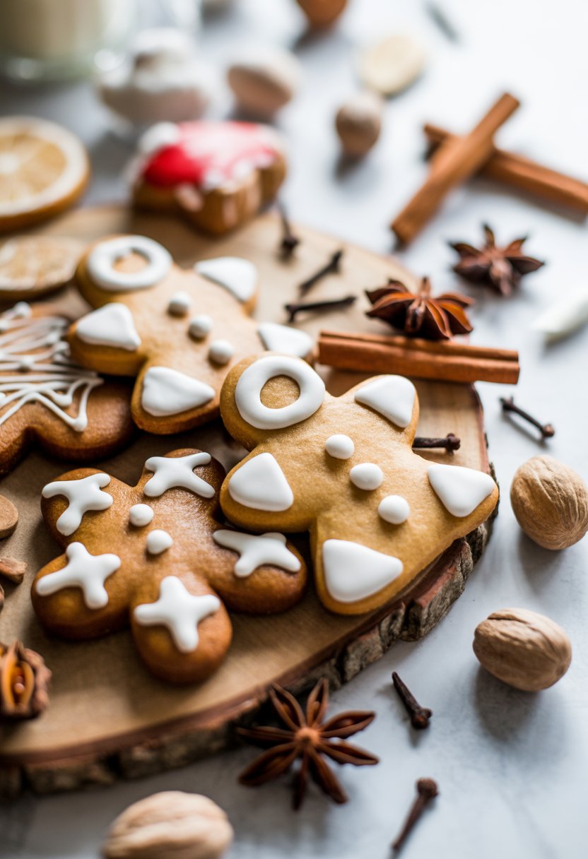 A close-up of classic gingerbread cookies decorated with white icing, surrounded by cinnamon sticks and spices on a rustic wood or marble surface.