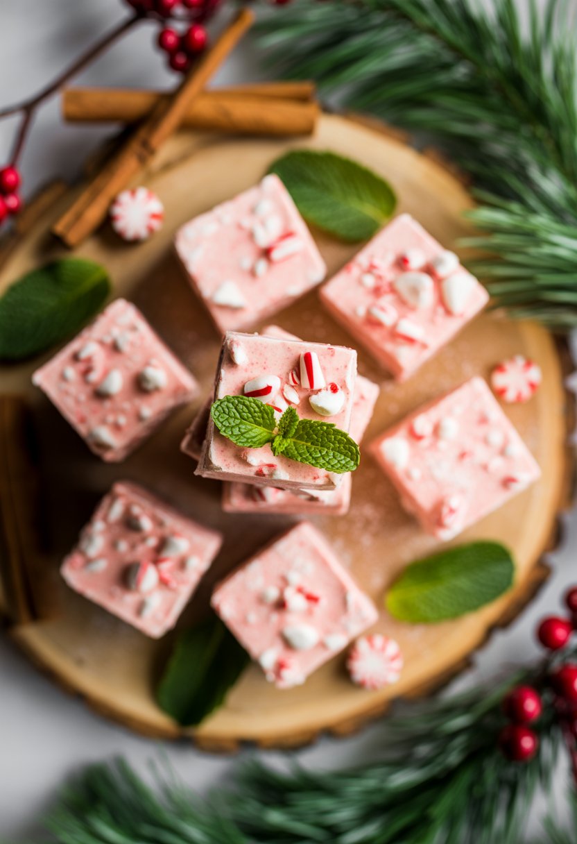 Close-up of peppermint fudge pieces on a rustic surface with festive Christmas decorations around them.