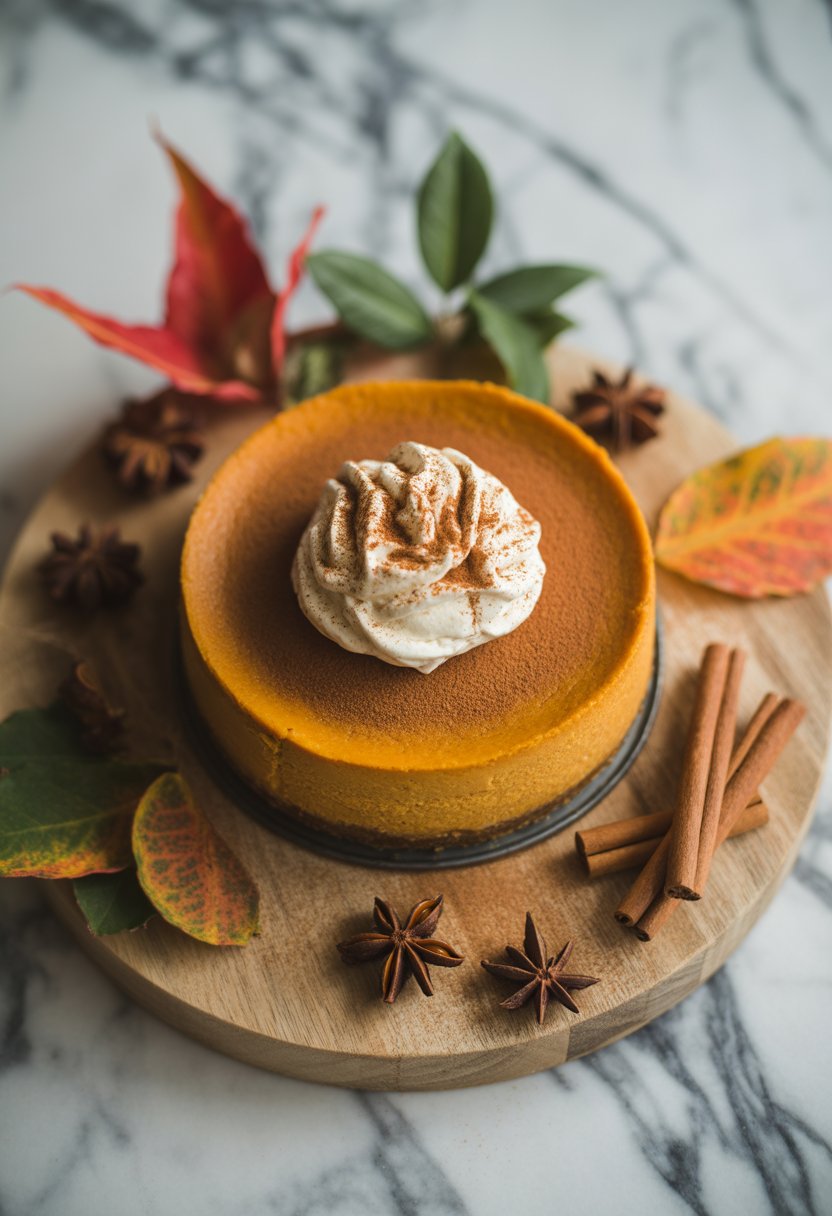 A spiced pumpkin cheesecake on a wooden surface surrounded by cinnamon sticks and autumn leaves.