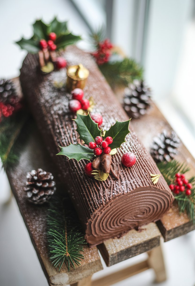 A chocolate Yule Log dessert decorated with powdered sugar, holly leaves, and red berries on a wooden surface with festive decorations around it.