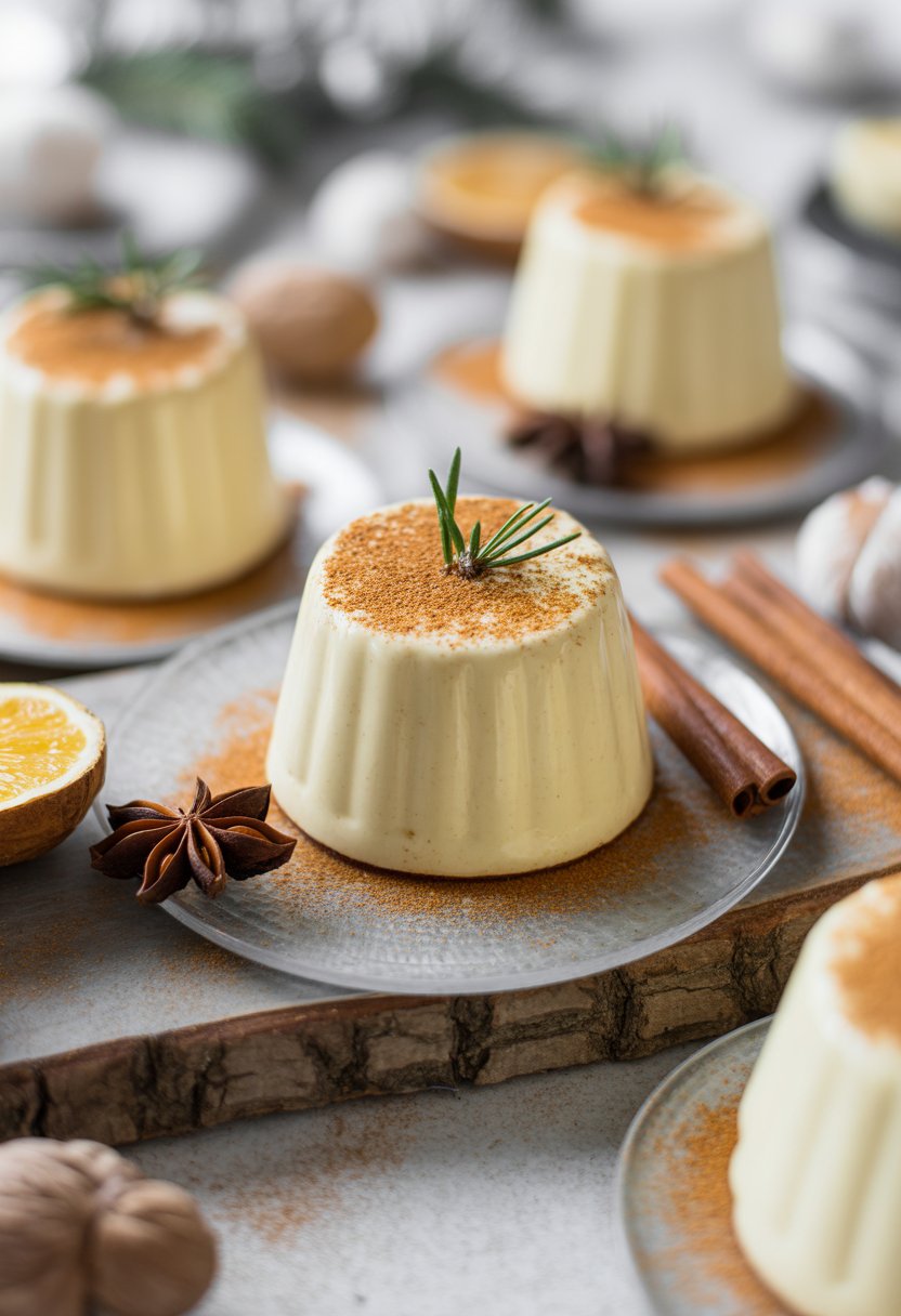 A close-up of an eggnog panna cotta dessert garnished with nutmeg and a small sprig of greenery, placed on a rustic surface with festive spices around it.