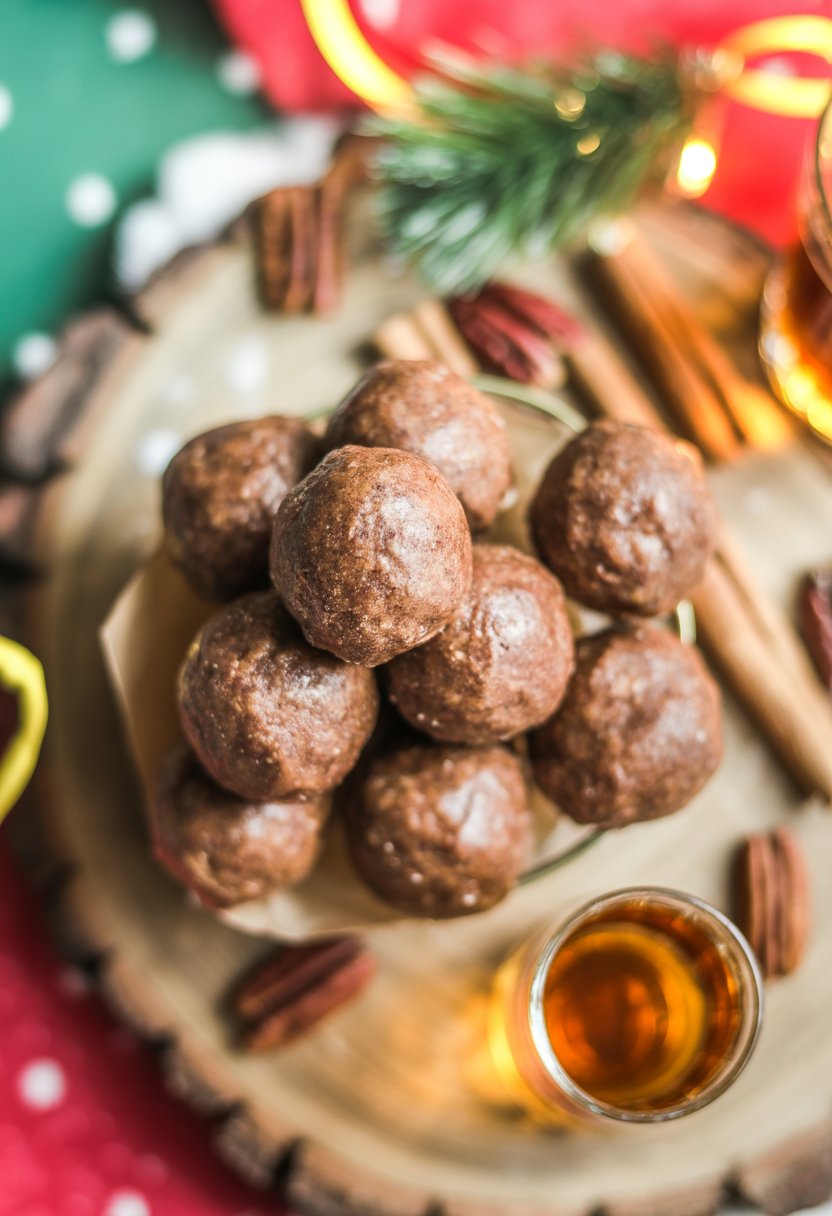 Close-up of boozy bourbon balls on a rustic wood surface with pecans and cinnamon sticks, with a glass of bourbon in the background.