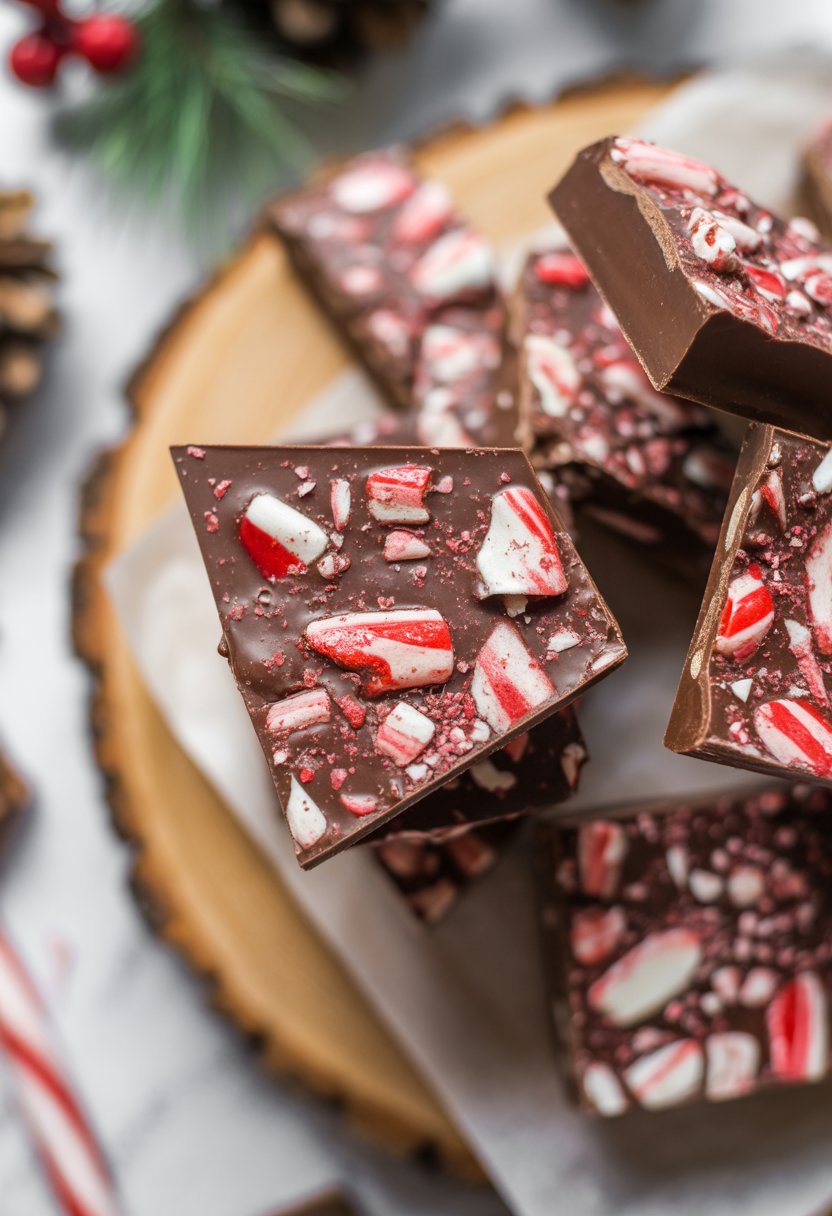 Close-up of candy cane chocolate bark pieces on a rustic wooden surface with crushed candy canes in and around the chocolate.
