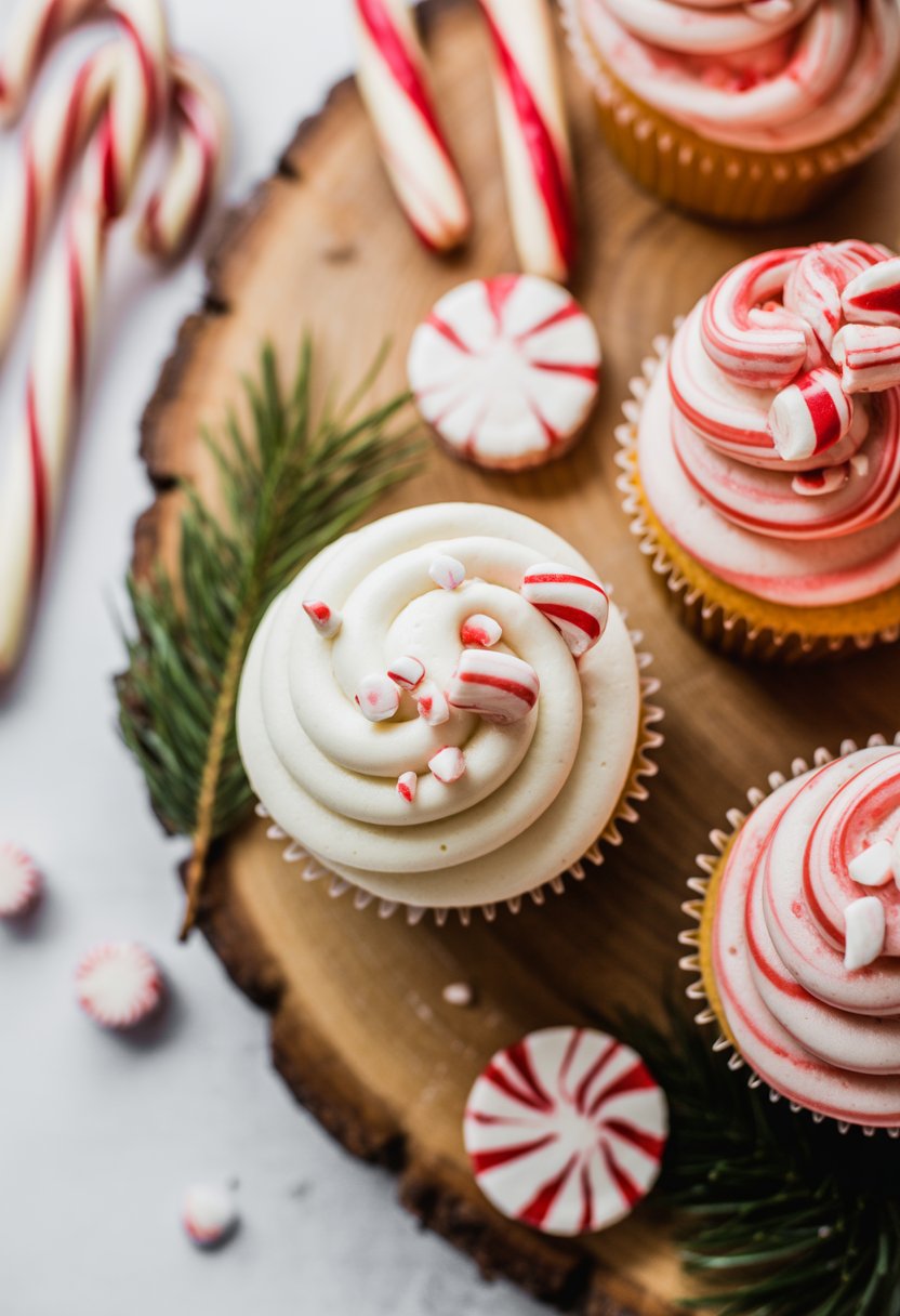 A close-up of peppermint cupcakes with red and white frosting and candy cane pieces on a wooden surface, surrounded by peppermint sticks and holly.
