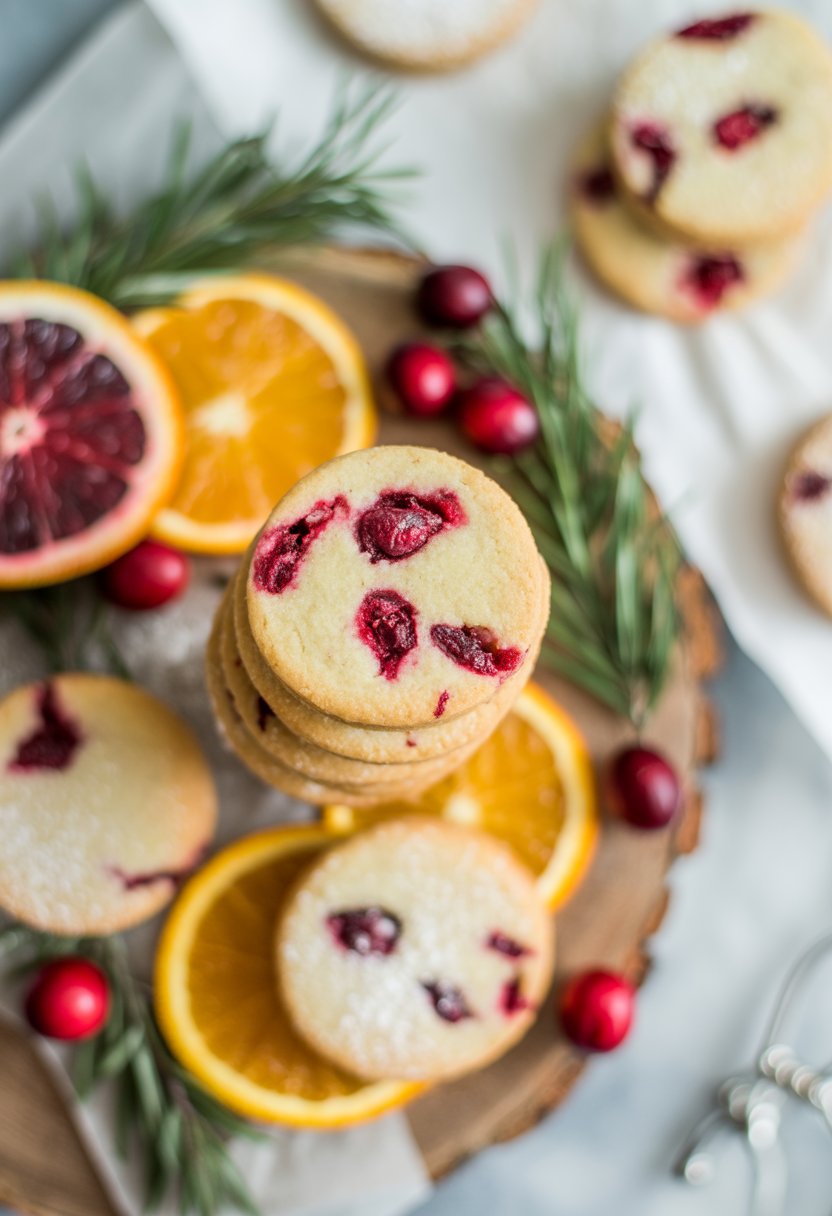 Close-up view of cranberry orange shortbread cookies on a rustic surface with fresh cranberries and orange slices around them.