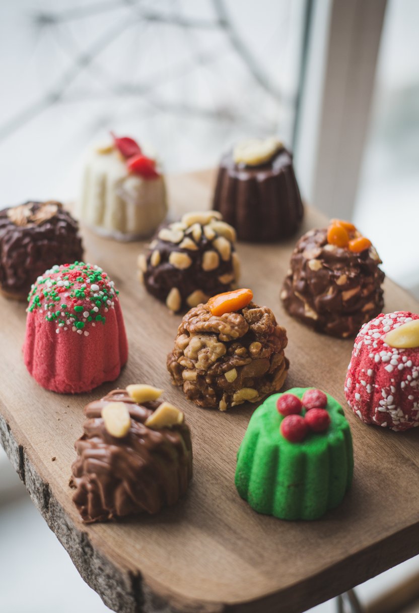A variety of Christmas haystack desserts arranged on a rustic surface with festive decorations and fresh ingredients.