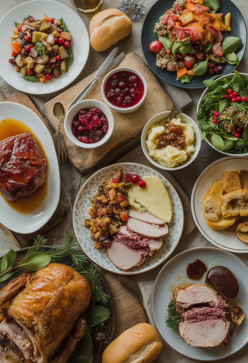 A festive Christmas dinner table with nine different dishes including roasted turkey, glazed ham, vegetable sides, cranberry sauce, stuffing, mashed potatoes, salad, bread rolls, and a dessert.