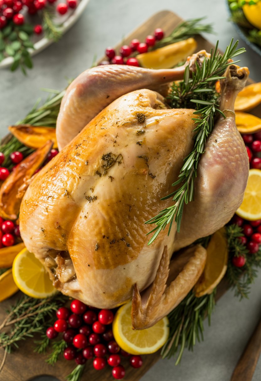 A golden roast turkey garnished with herbs and lemon, surrounded by cranberries and roasted vegetables on a rustic surface.
