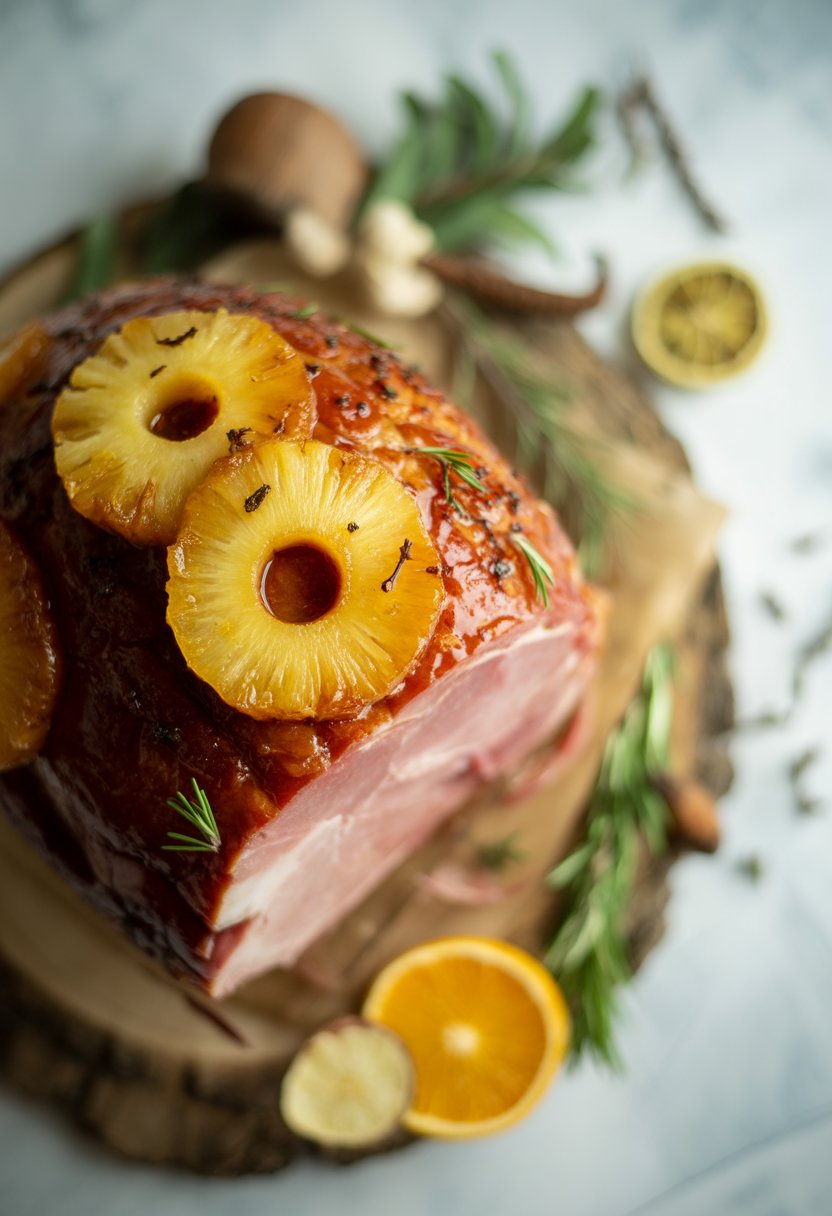 A glazed honey ham topped with caramelized pineapple slices and garnished with fresh herbs on a rustic surface.