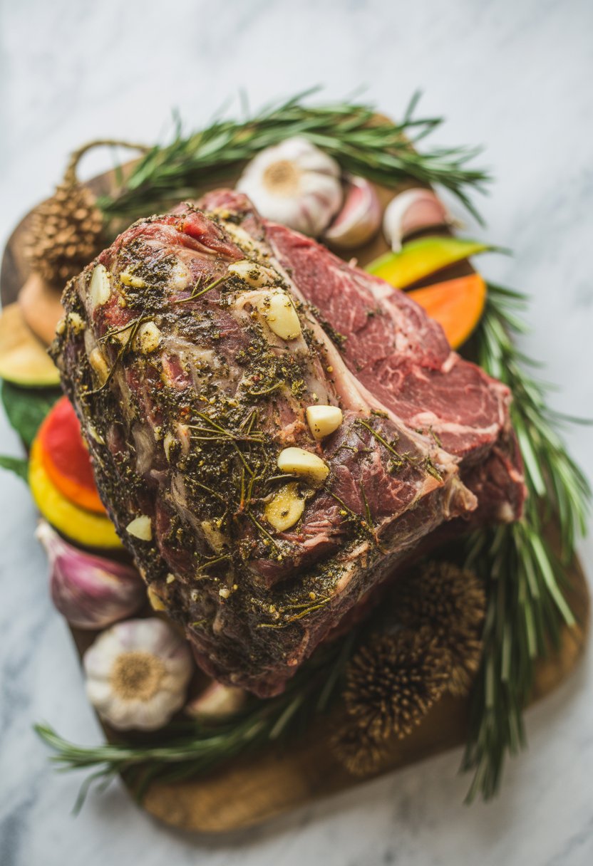 A prime rib roast seasoned with garlic and rosemary on a wooden or marble surface, surrounded by fresh herbs and vegetables.