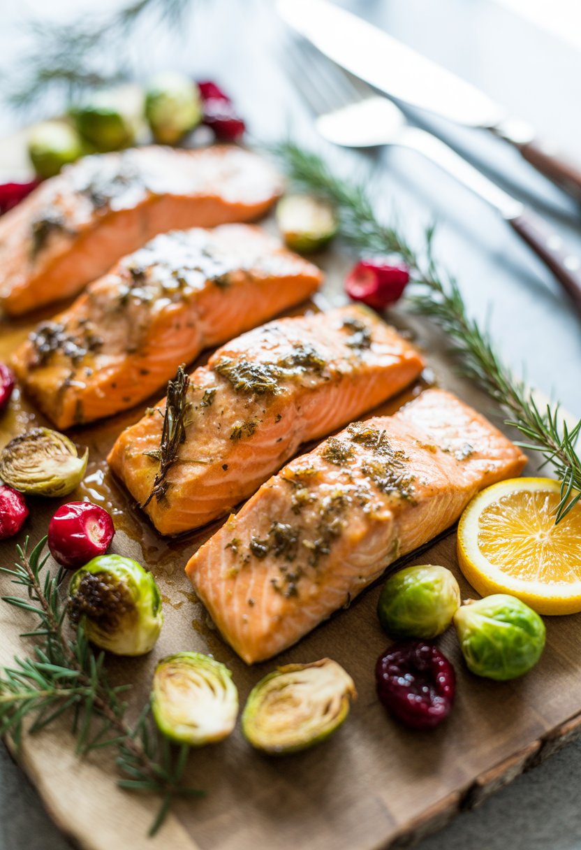 Close-up of maple-glazed salmon fillets served with roasted vegetables and fresh herbs on a rustic wooden or marble surface.