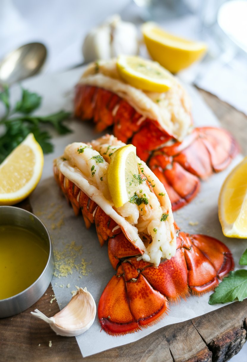 Close-up of a cooked lobster tail with garlic lemon butter on a rustic surface, garnished with lemon wedges and fresh herbs.