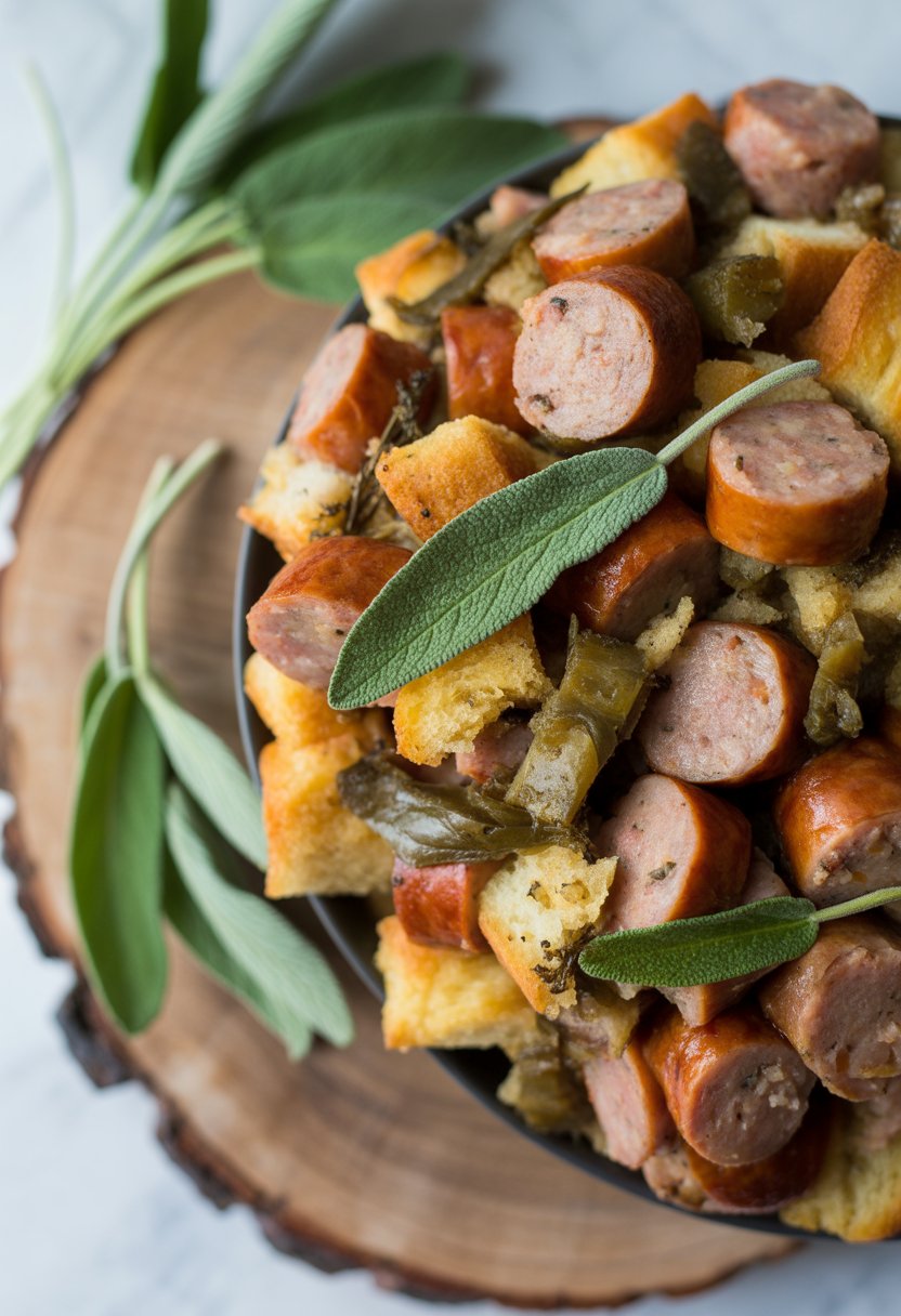 A close-up of a traditional stuffing dish with sausage and sage on a rustic surface, showing golden-brown sausage pieces and fresh green herbs.