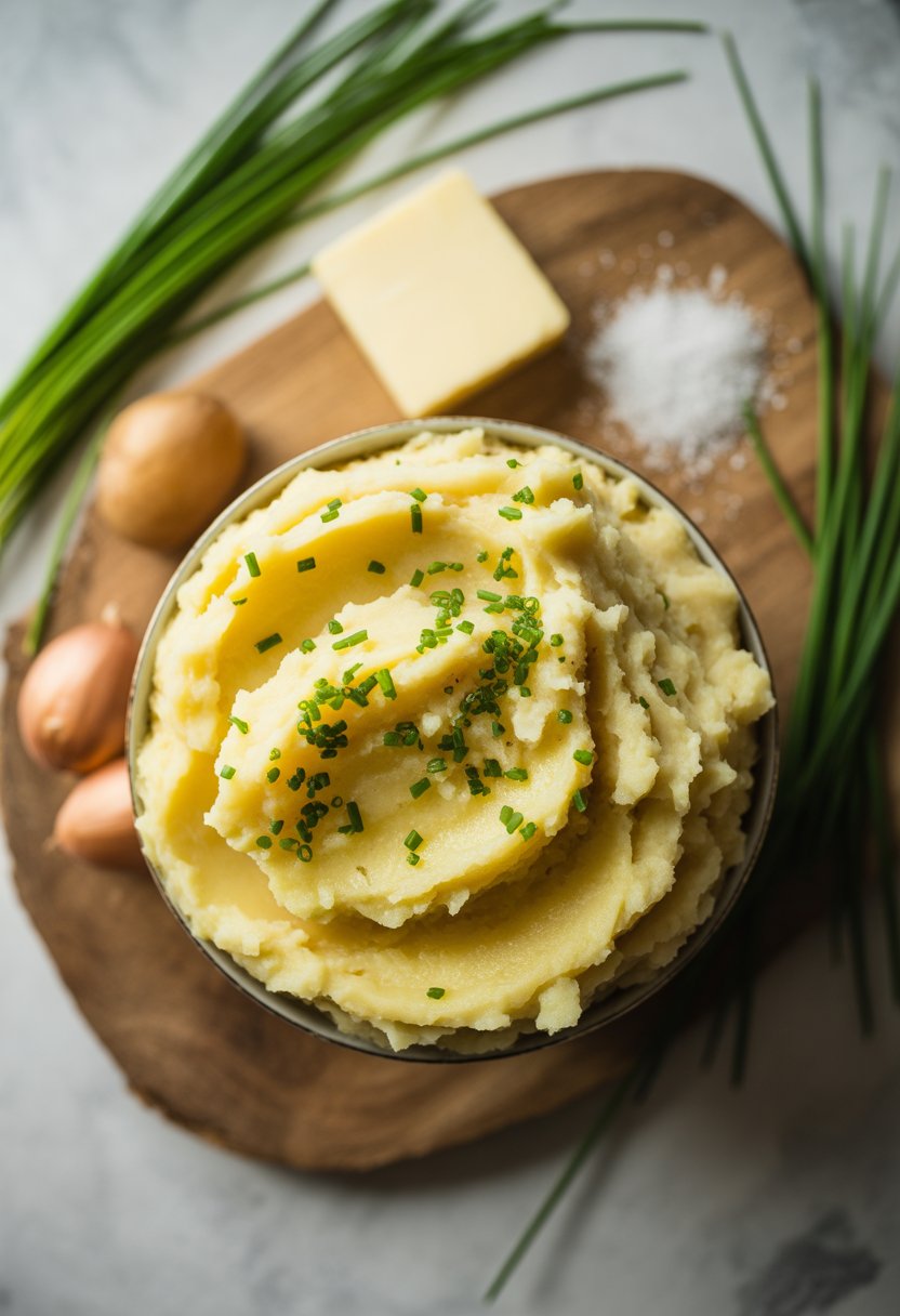 A bowl of creamy mashed potatoes topped with chopped chives on a rustic surface, surrounded by fresh ingredients.