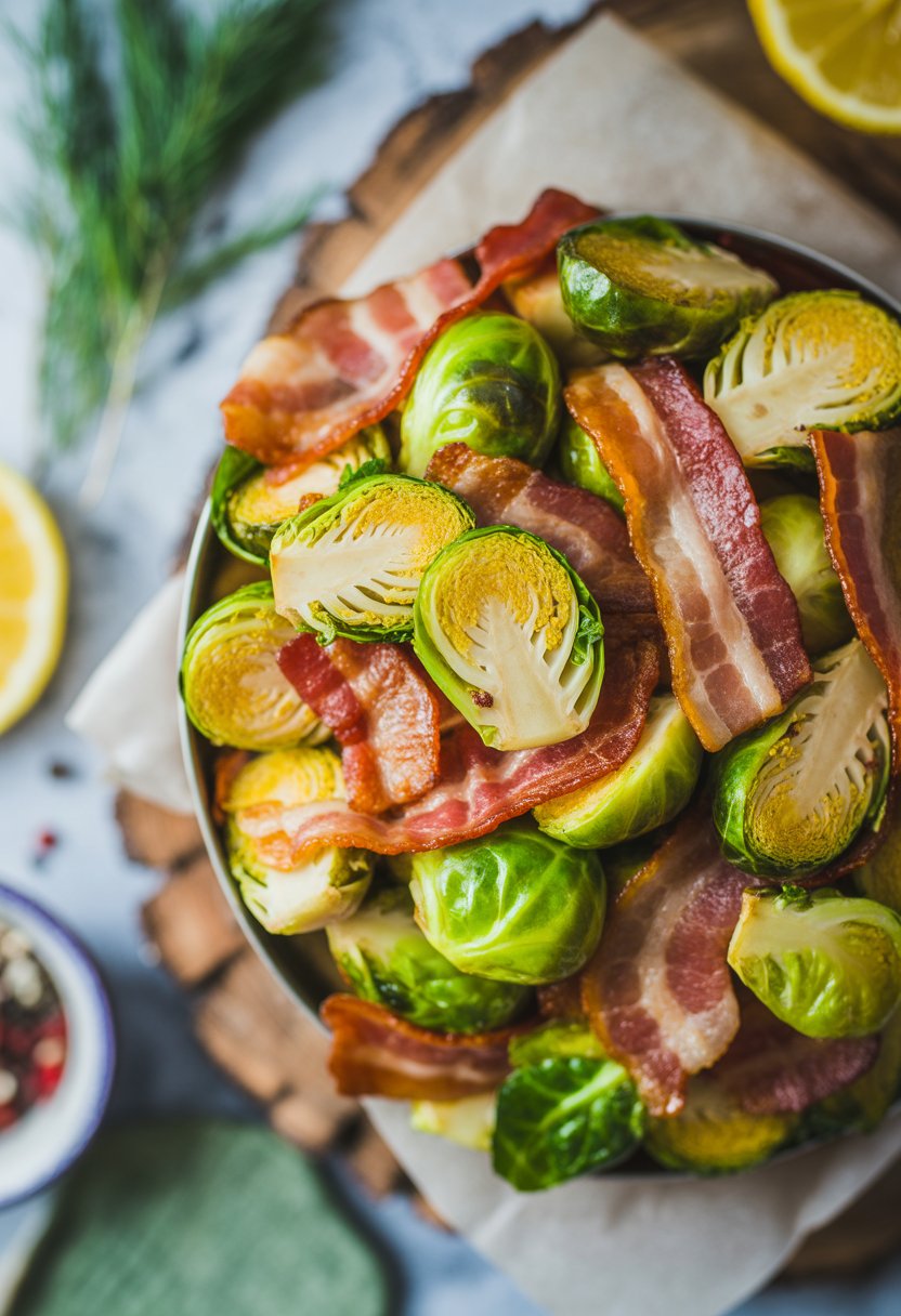 A plate of crispy Brussels sprouts mixed with bacon on a rustic surface, with fresh herbs around it.