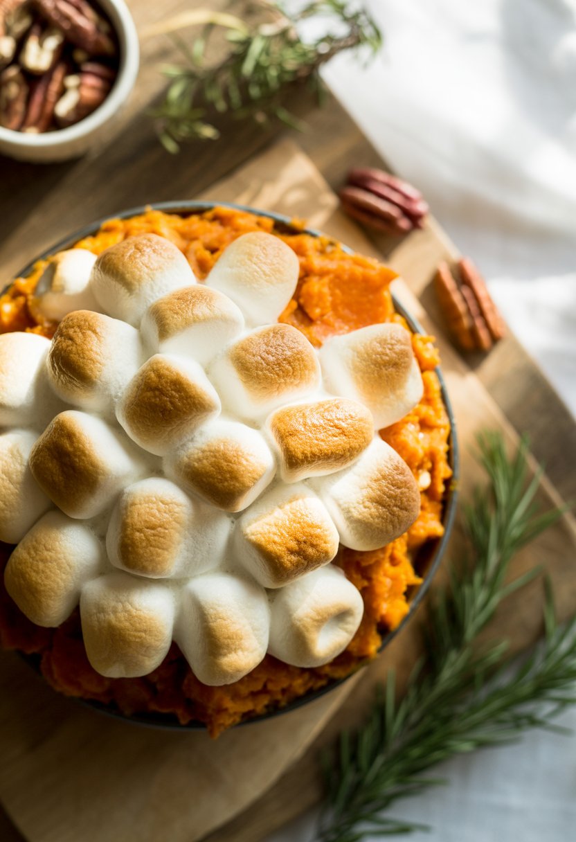A sweet potato casserole topped with toasted marshmallows on a rustic wooden surface, surrounded by fresh herbs and pecans.