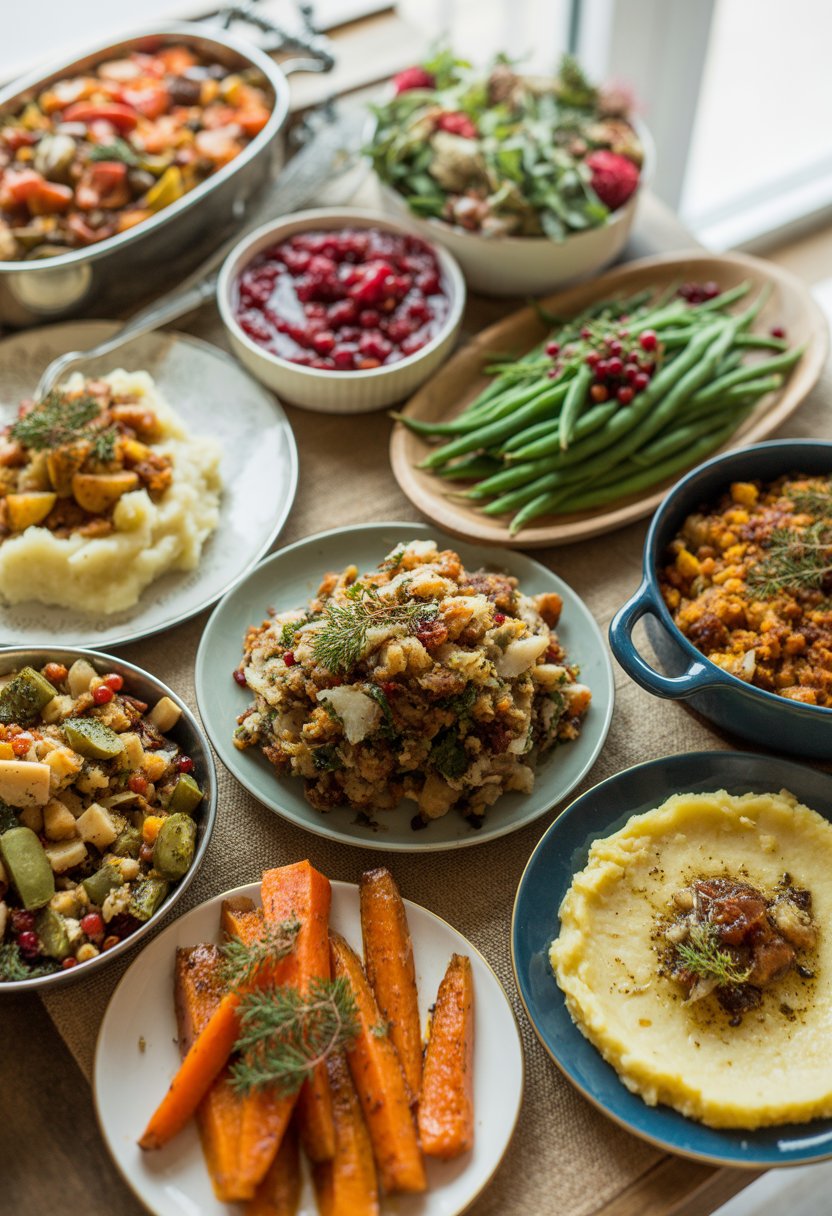 Eight different Christmas dinner side dishes arranged on a rustic surface, including vegetables, mashed potatoes, cranberry sauce, stuffing, and salad.