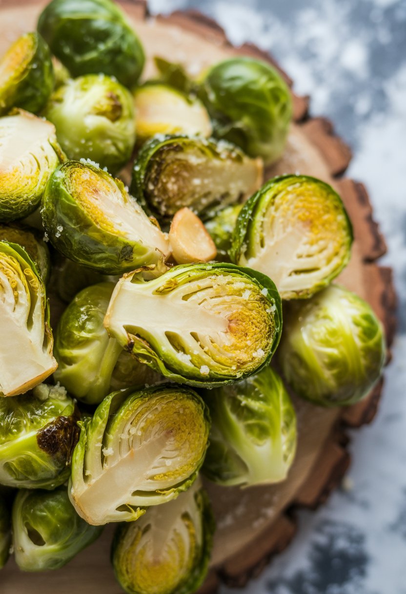A plate of roasted Brussels sprouts with garlic and Parmesan cheese on a rustic surface, surrounded by other Christmas dinner side dishes.