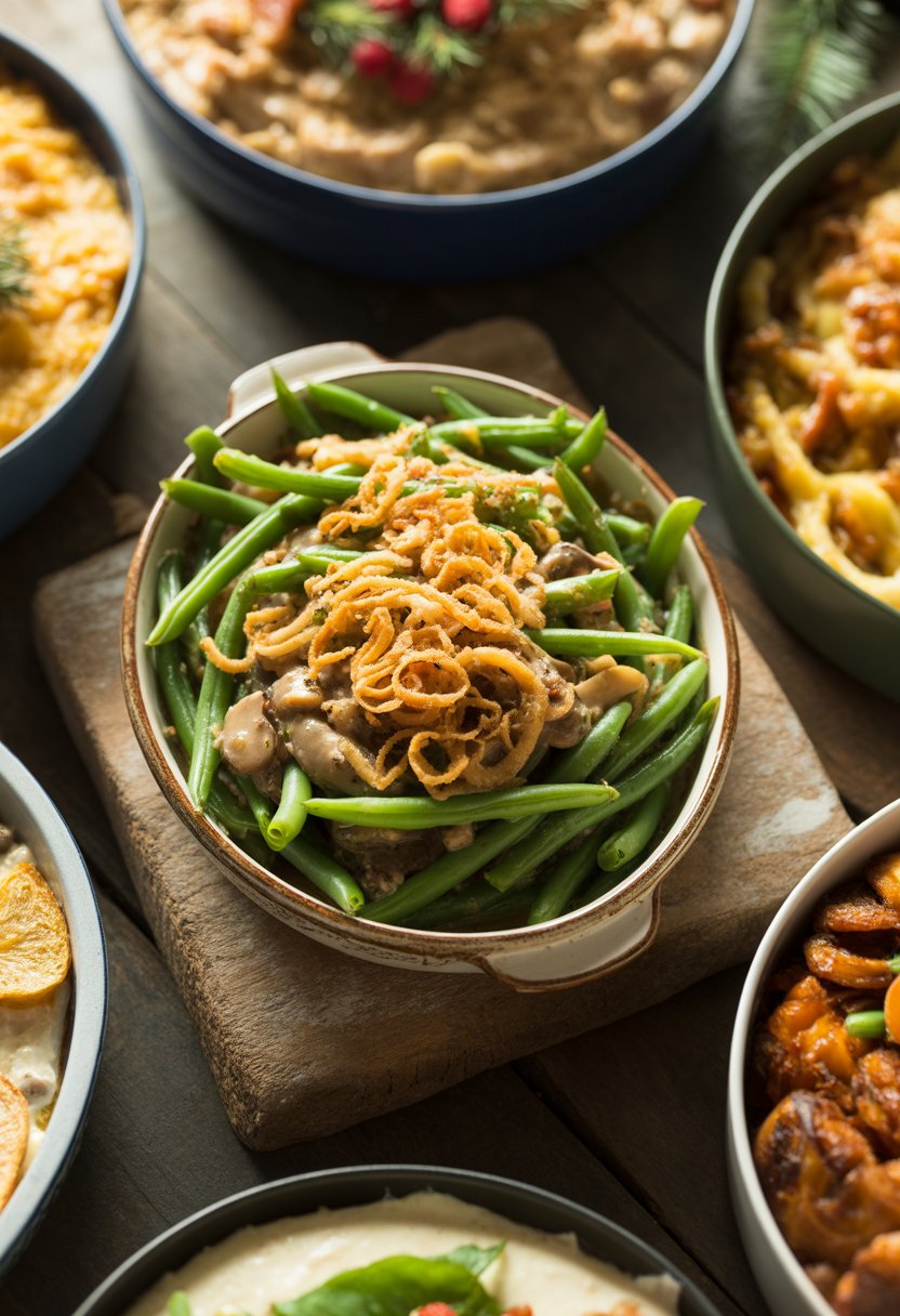 A classic green bean casserole in a rustic dish on a wood surface with other blurred Christmas dinner sides in the background.