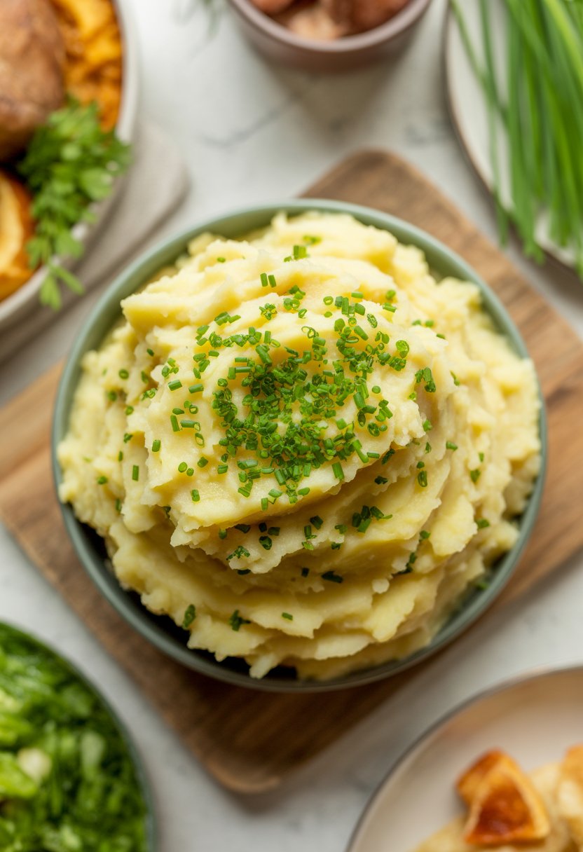 A bowl of creamy mashed potatoes topped with chopped chives on a rustic wooden surface, with blurred side dishes in the background.