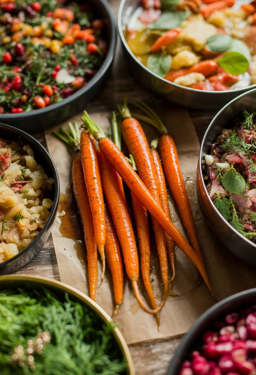 A plate of honey-glazed carrots among other Christmas dinner side dishes on a rustic surface.