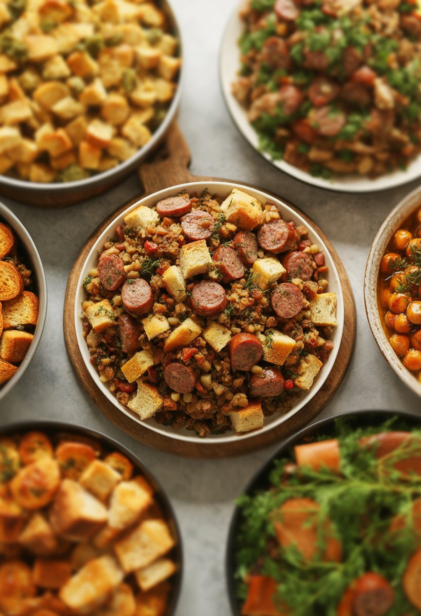 A bowl of sausage and herb stuffing on a rustic surface with other Christmas dinner sides softly blurred in the background.