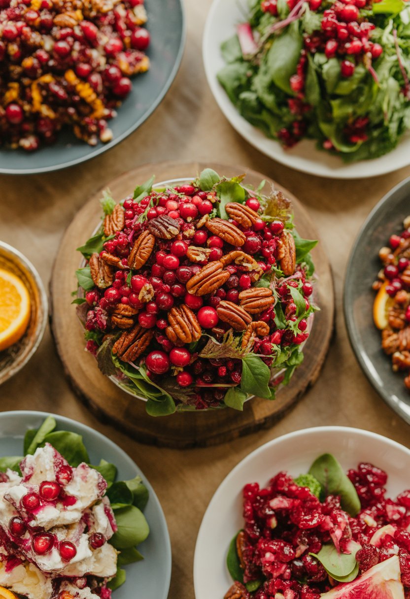 A bowl of cranberry pecan salad with fresh cranberries, pecans, and mixed greens on a rustic wooden surface.