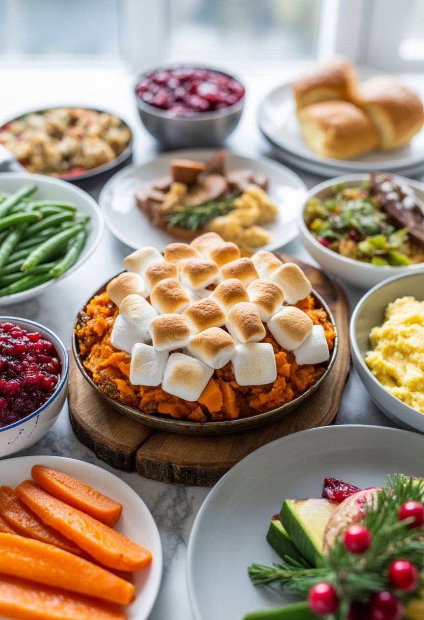 A sweet potato casserole topped with toasted marshmallows surrounded by various Christmas dinner side dishes on a rustic surface.