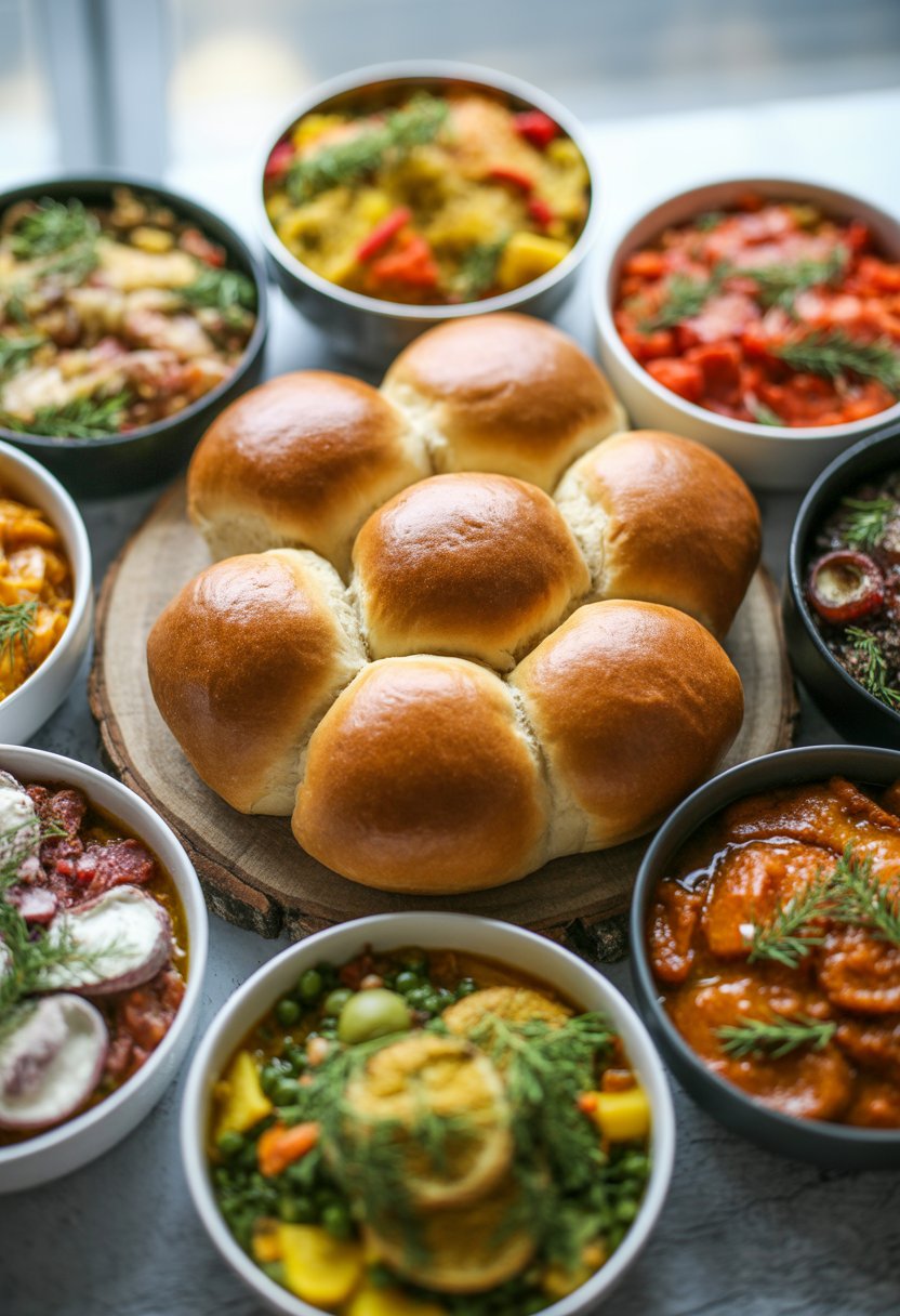 Freshly baked dinner rolls surrounded by eight Christmas dinner side dishes on a rustic surface.