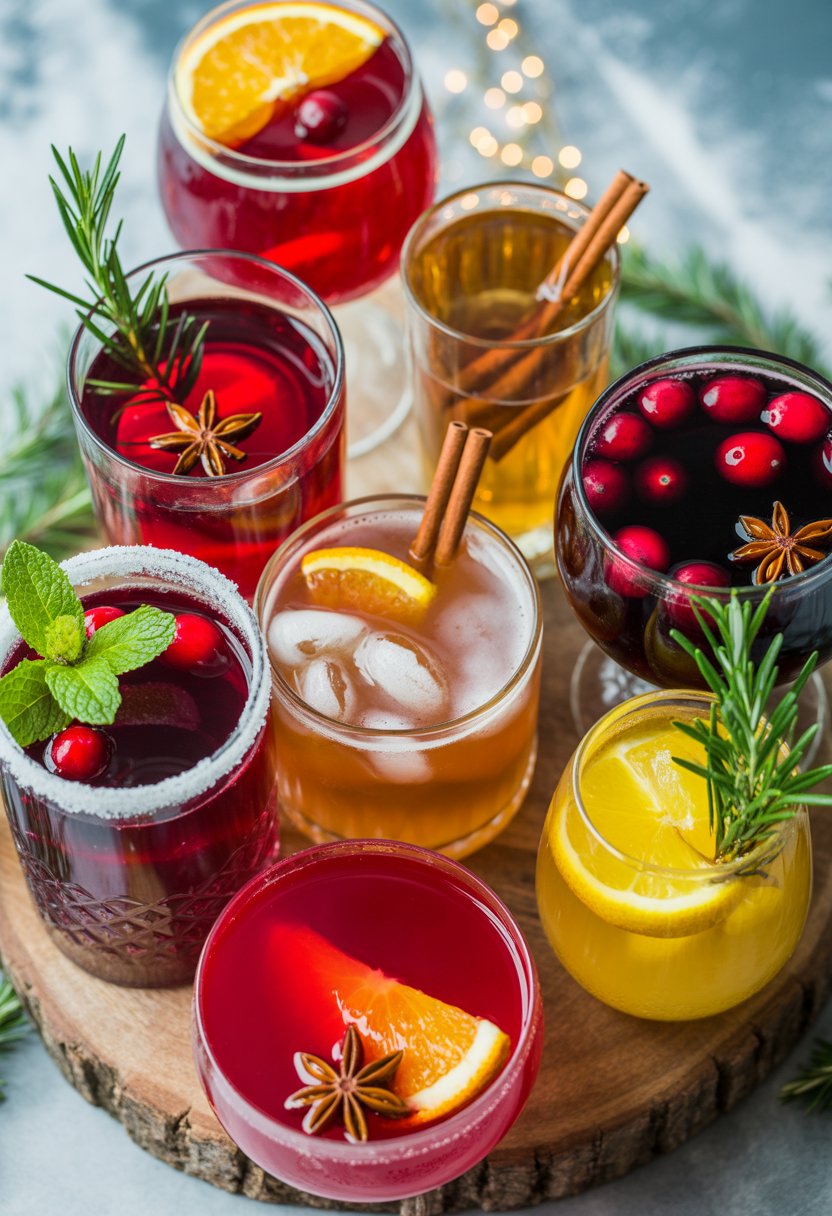 Seven colorful Christmas alcoholic drinks in various glasses with fresh garnishes arranged on a rustic surface.