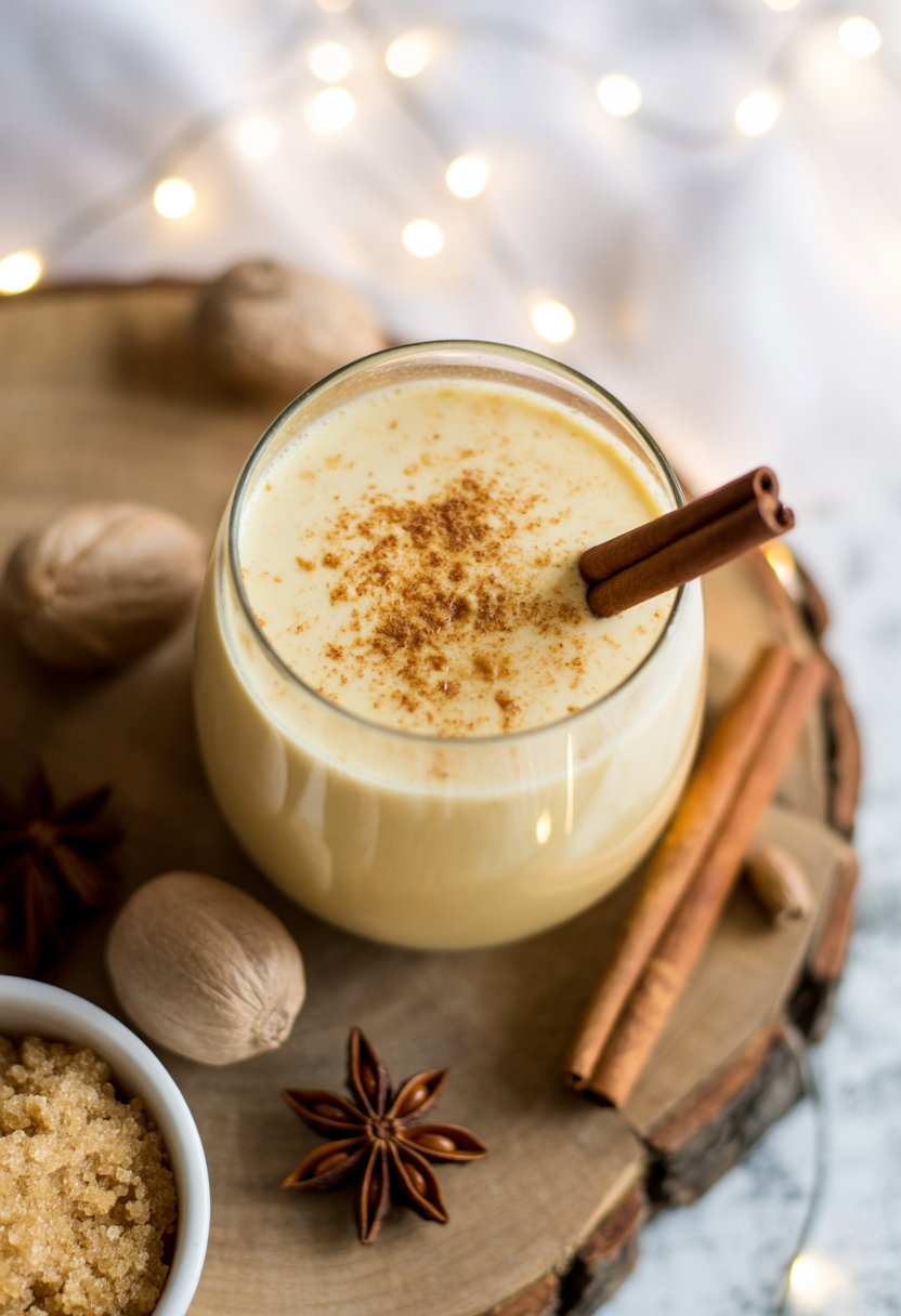 A glass of classic eggnog with rum on a rustic wooden surface, garnished with cinnamon and nutmeg, surrounded by fresh spices and ingredients.