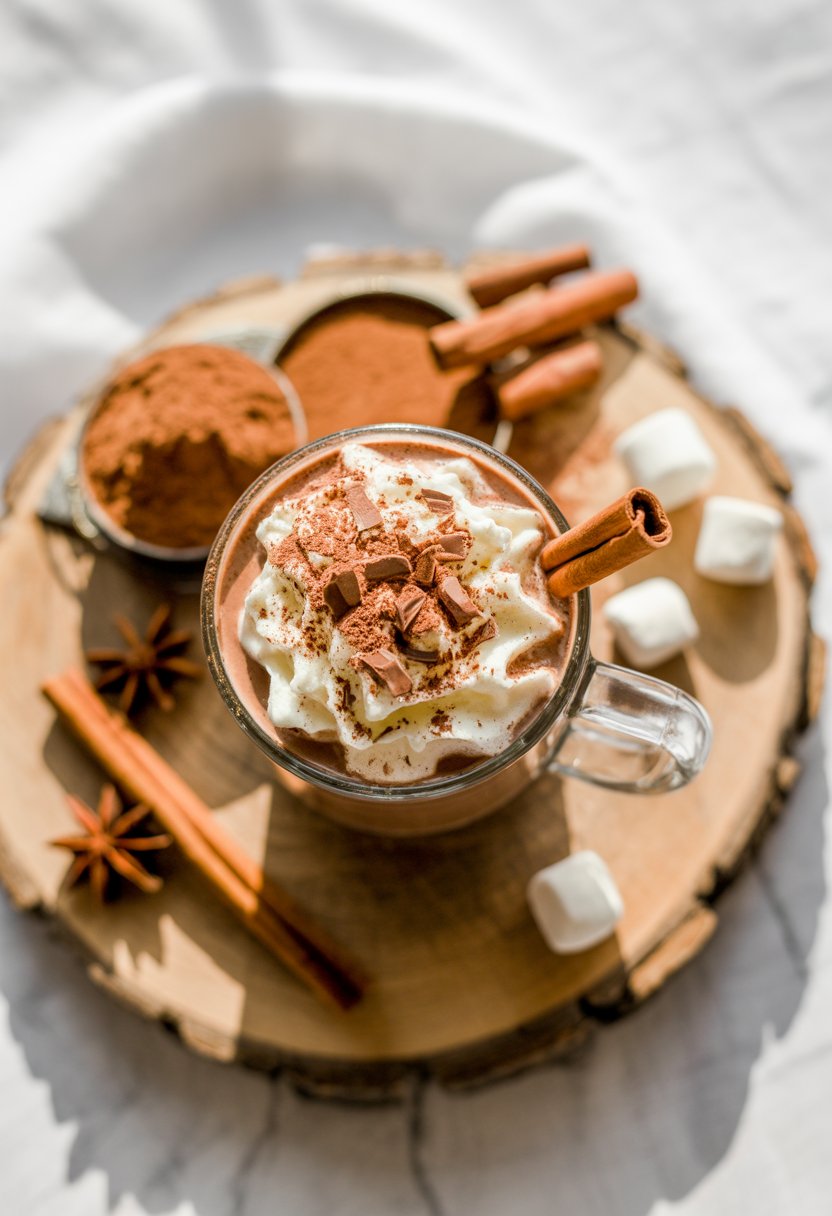 A glass mug of spiked hot chocolate topped with whipped cream and cinnamon stick on a wooden surface surrounded by cinnamon sticks, star anise, cocoa powder, and marshmallows.