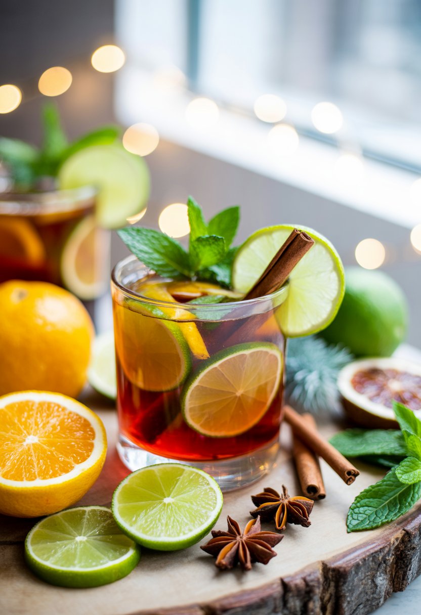 A colorful Holiday Mai Tai cocktail on a rustic surface surrounded by fresh citrus slices, mint, and spices with blurred festive lights in the background.