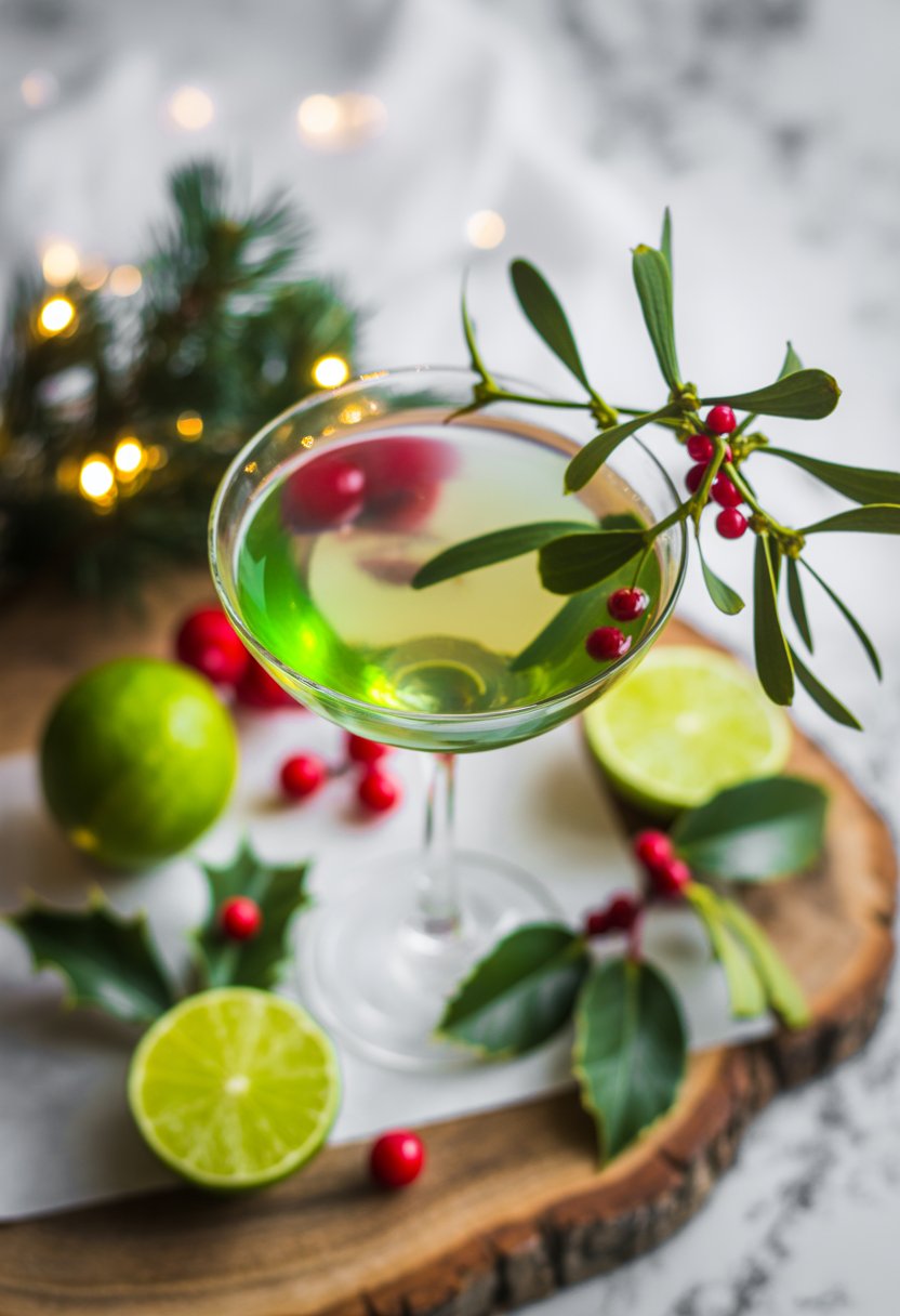 A pale green Mistletoe Martini cocktail garnished with mistletoe sprigs and red berries on a rustic wood surface, surrounded by lime wedges, holly leaves, and cranberries with blurred warm lights in the background.