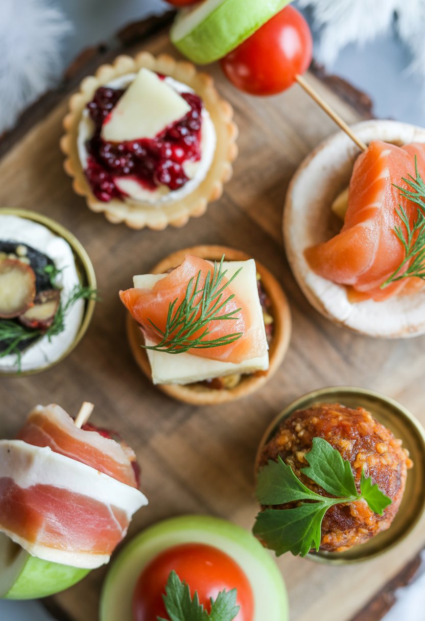 Six Christmas-themed finger foods arranged on a rustic surface, including tartlets, canapés, stuffed mushrooms, skewers, melon balls, and meatballs, with a blurred background.