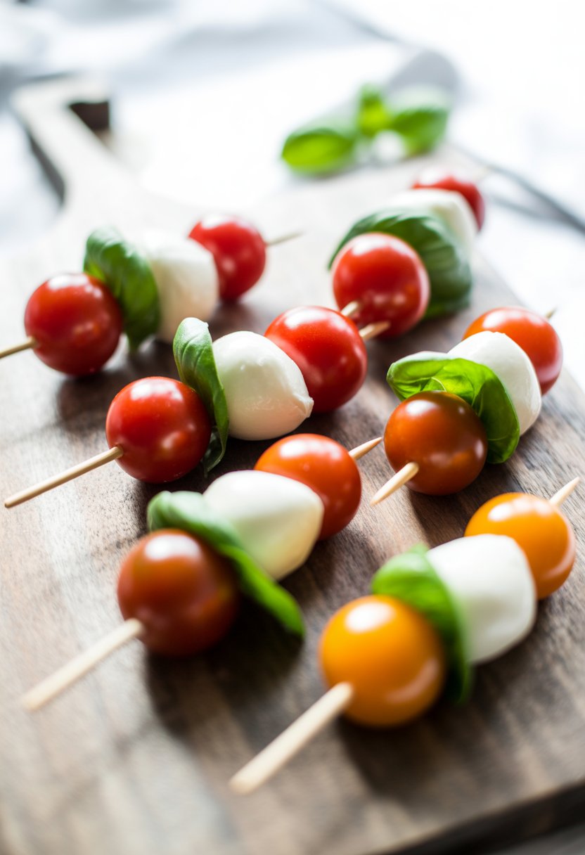 Six Mini Caprese Skewers with cherry tomatoes, mozzarella, and basil arranged on a rustic surface.