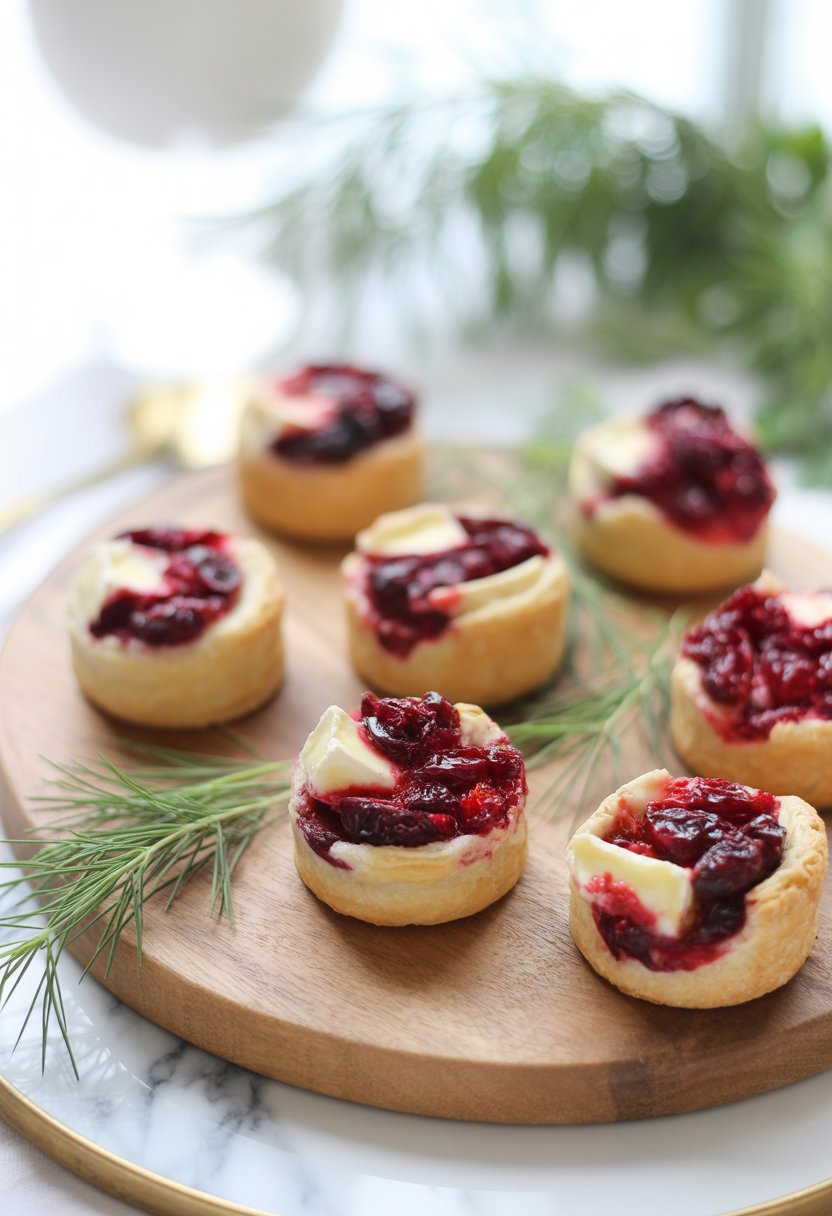 Six cranberry brie bites arranged on a wooden board with fresh herbs around them.