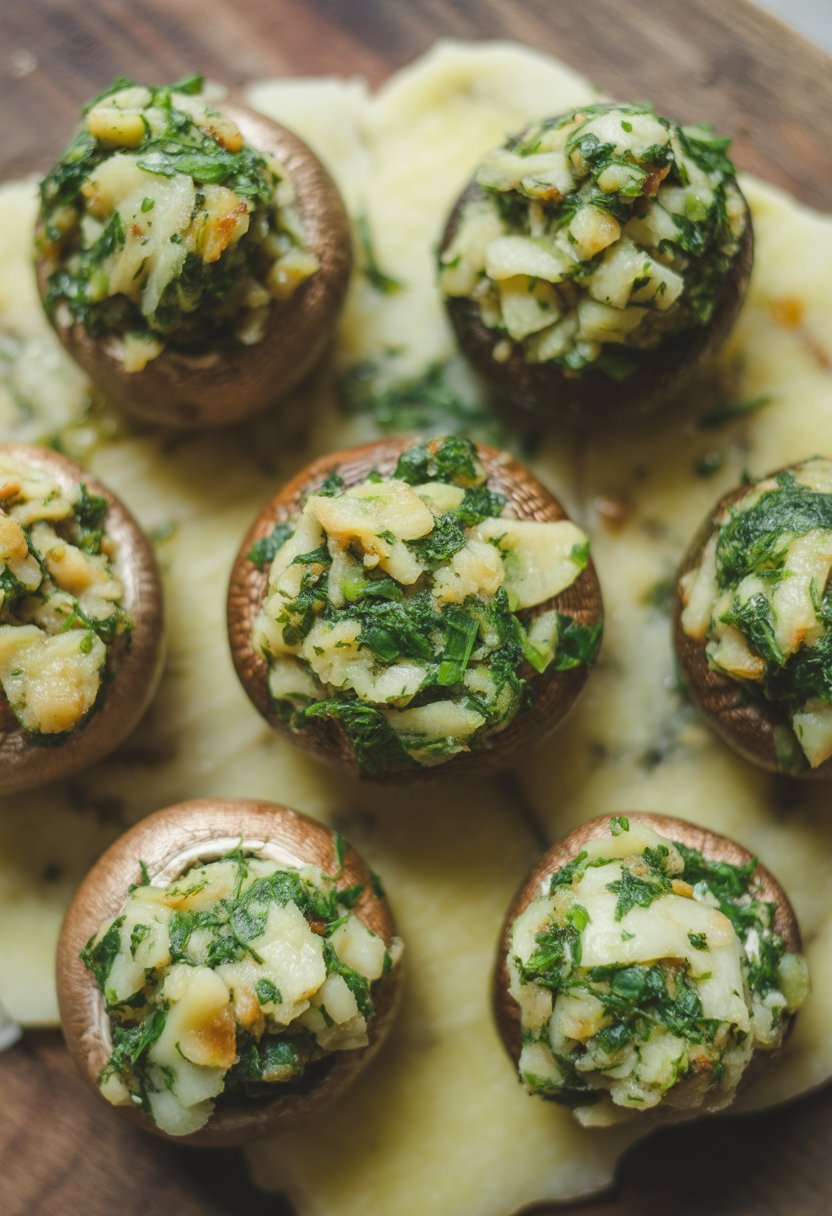 Six stuffed mushrooms filled with garlic and herbs arranged on a rustic surface.