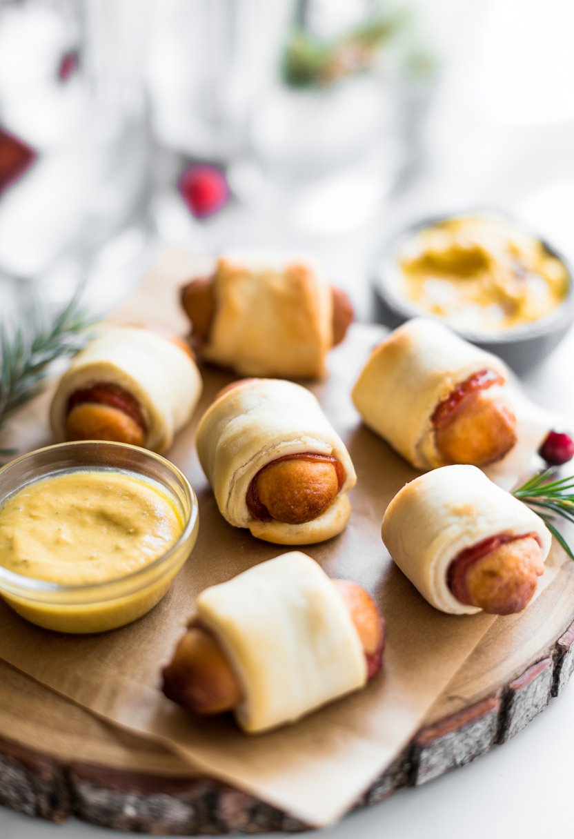 Six pigs in a blanket arranged on a rustic surface with a bowl of honey mustard dip.