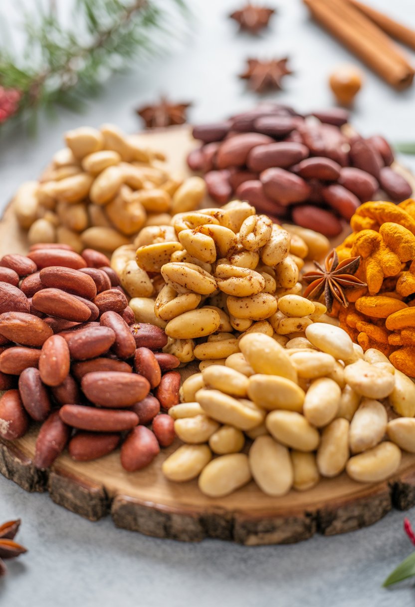 A close-up view of six different spiced roasted nuts arranged on a rustic surface with festive garnishes.