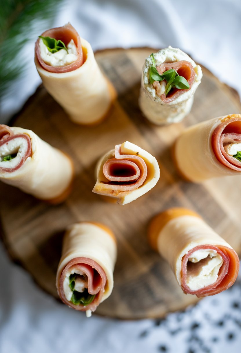 Six cheese and prosciutto roll-ups arranged on a wooden or marble surface with fresh herbs.